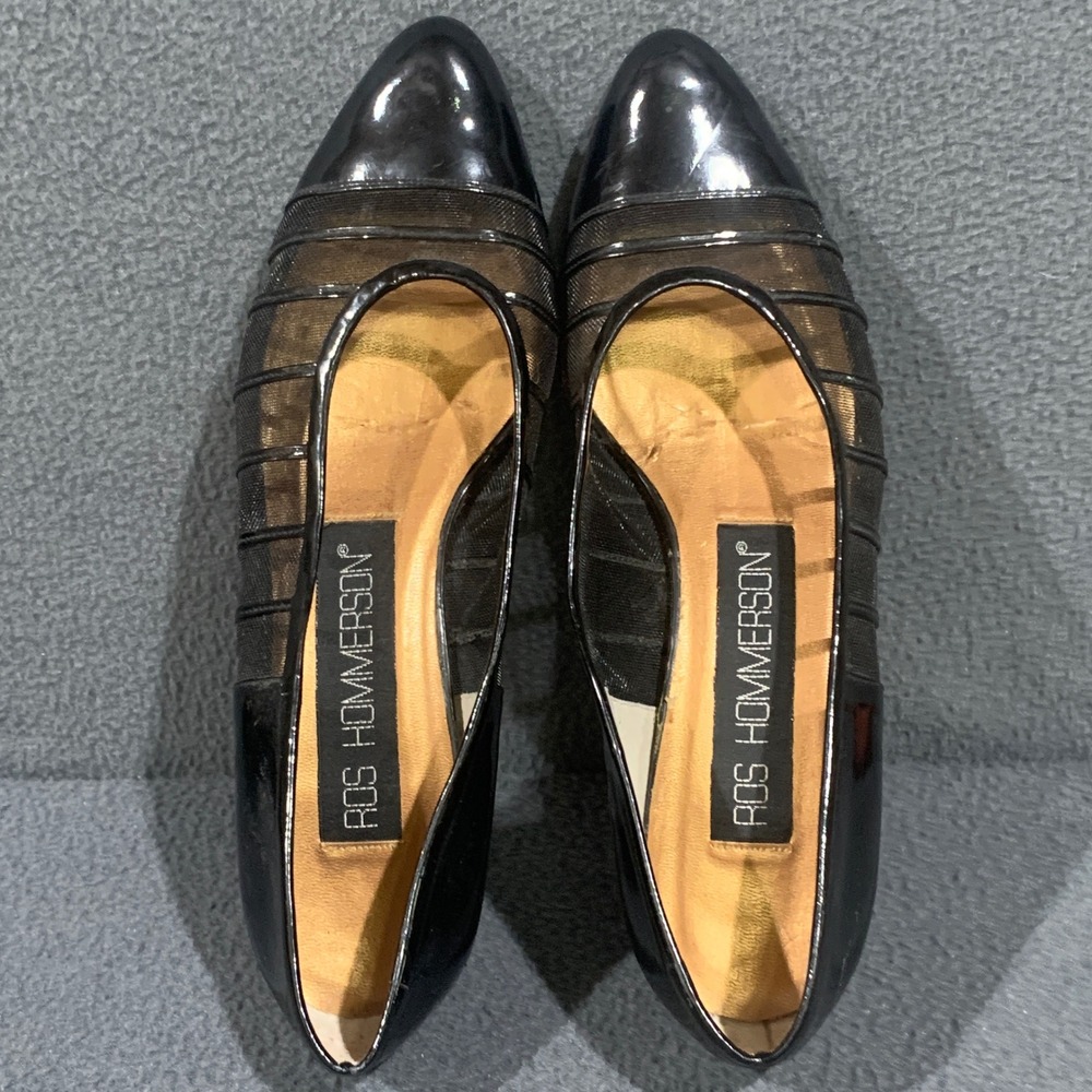Ros Hommerson‎ Pumps Women 7.5 N Black Patent Mesh Low Block Heel Vintage H3600
